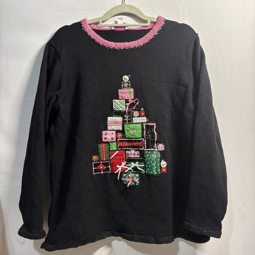 Quacker Factory Womens XL Black Pink Knit Ugly Christmas Sweater Tree Sweater
